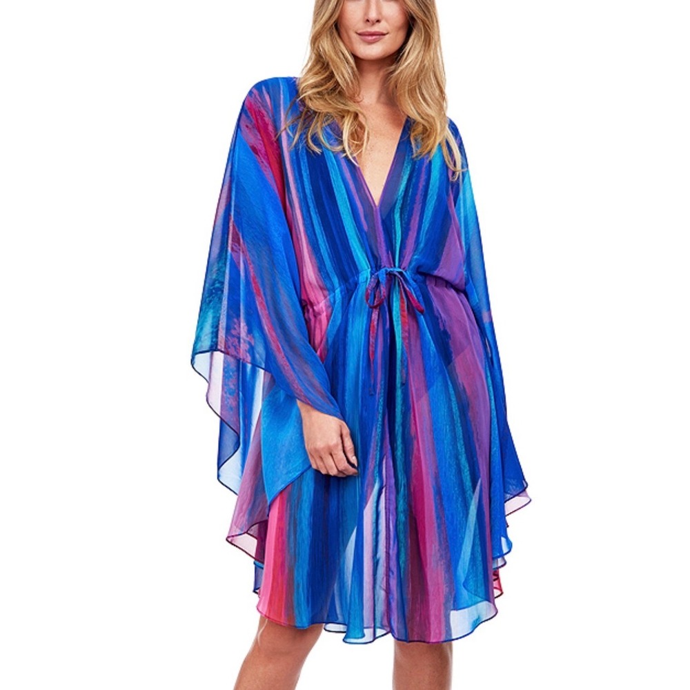 Gottex Short Caftan Womens L/G Blue Pink Abstract Resort Swim Cover Up 22ML633